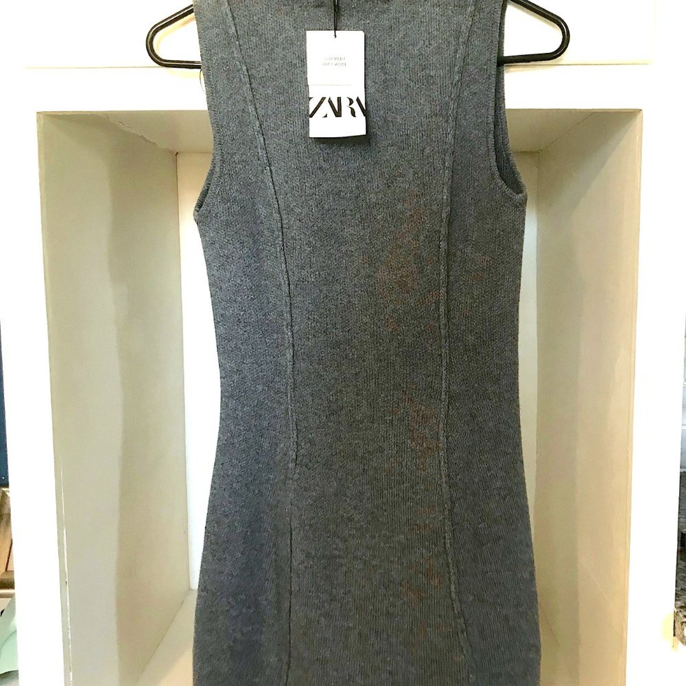 NWT New ZARA Zip Up Fitted Dress, Sleeveless Wool Blend, Modern Gray Med Small - Picture 10 of 12
